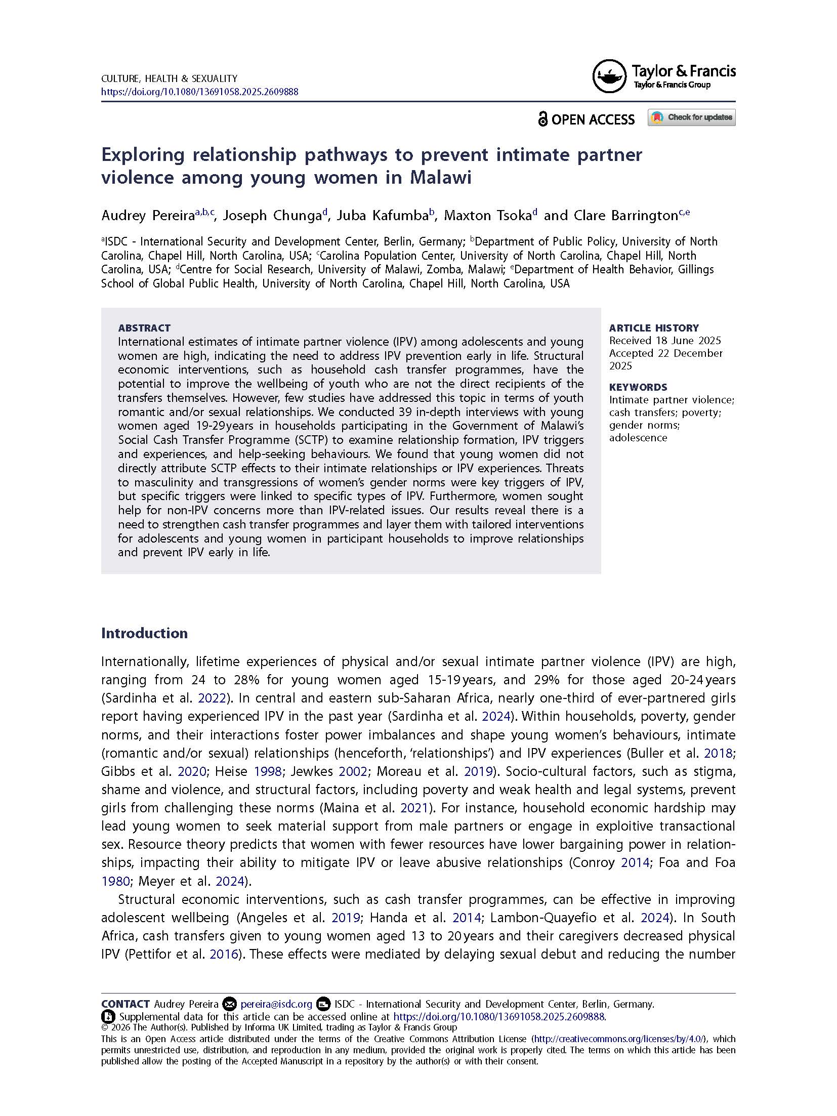 Exploring relationship pathways to prevent intimate partner violence among young women in Malawi Page
