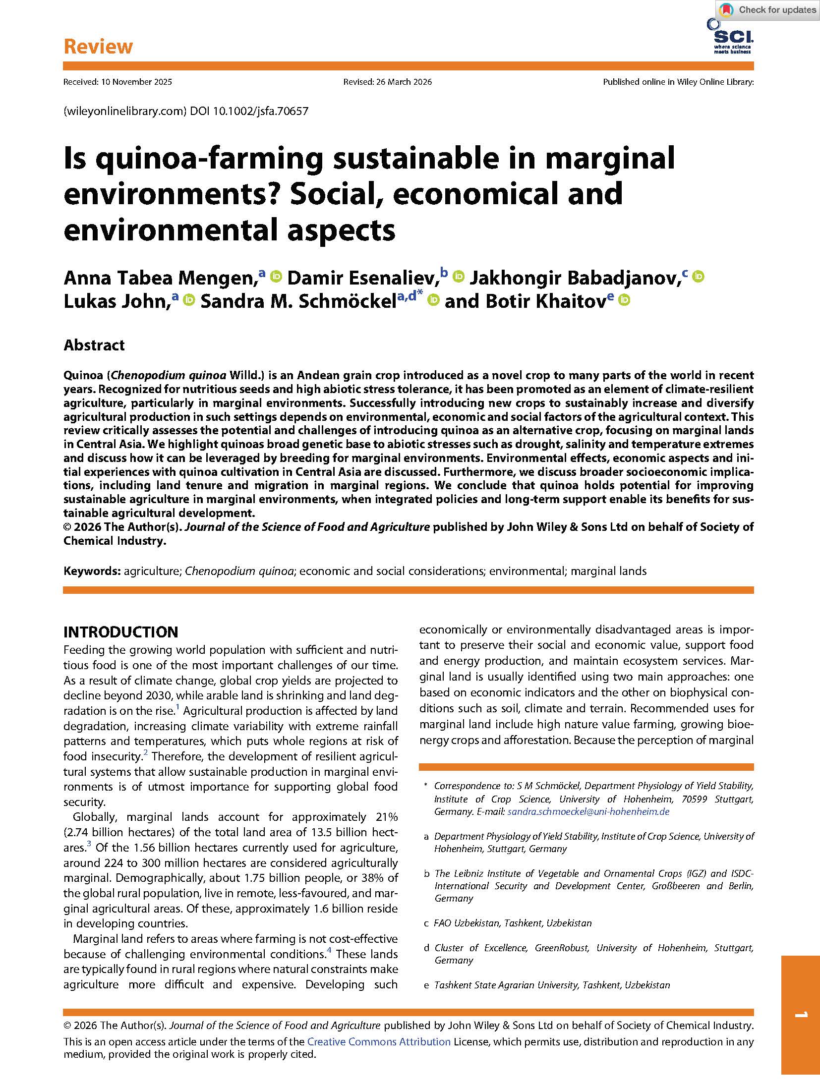 J Sci Food Agric 2026 Mengen Is quinoa‐farming sustainable in marginal environments Social economical and Page