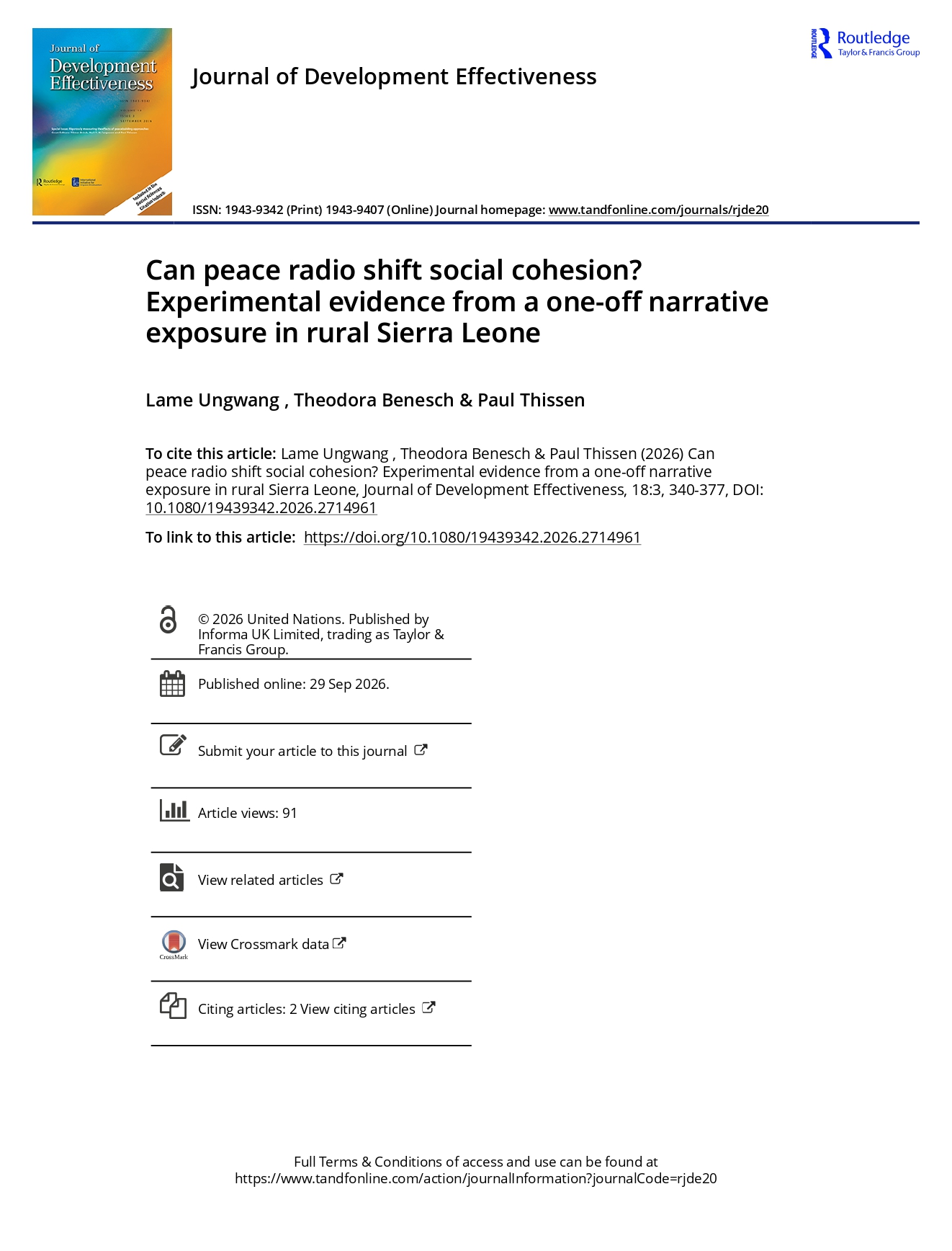 Can peace radio shift social cohesion Experimental evidence from a one off narrative exposure in rural Sierra Leone page
